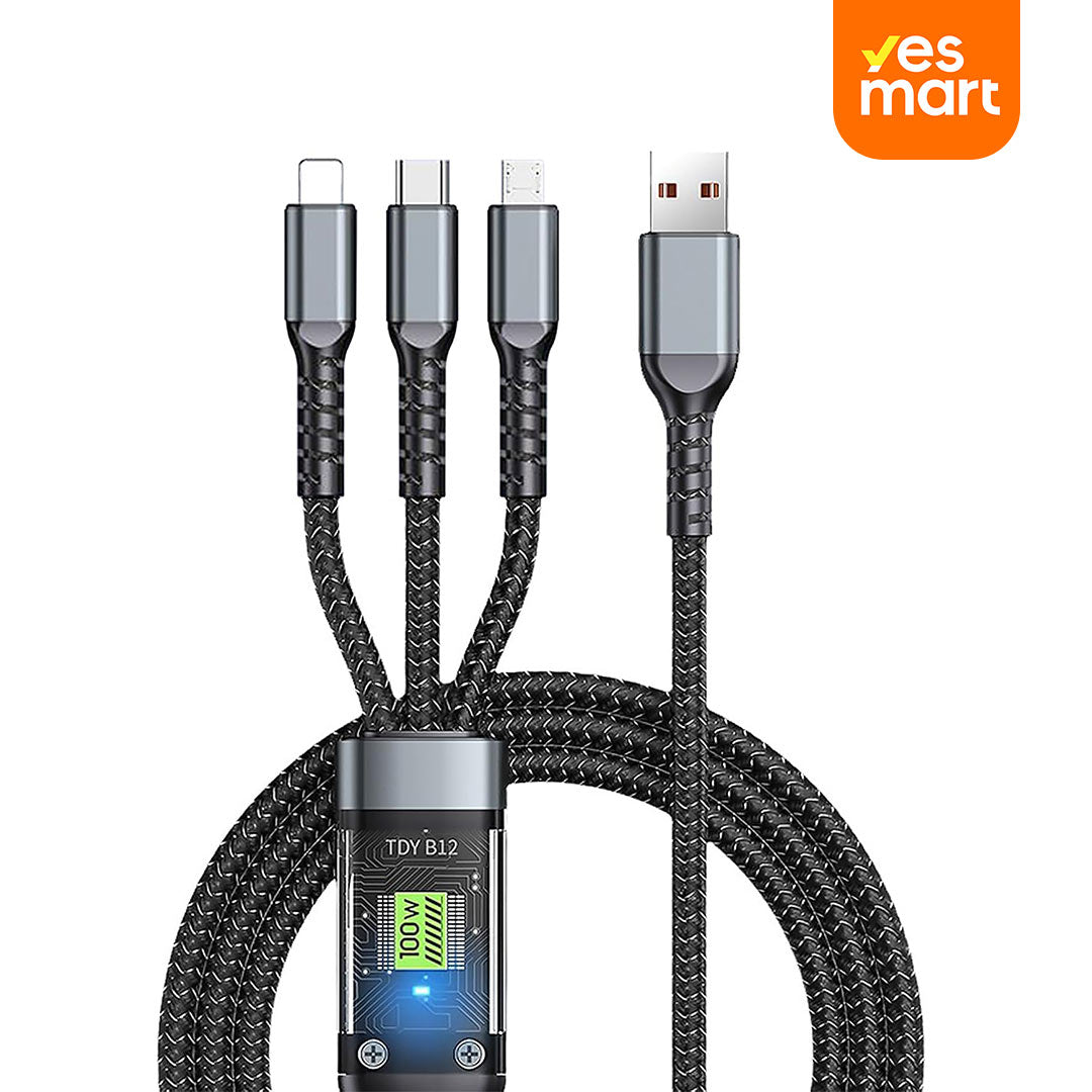 Cable de Carga Rápida 3 en 1 con Conectores Tipo-C, Micro USB y Conectores Universales, Cable Trenzado de Nylon, Carga Rápida de 100W CI010