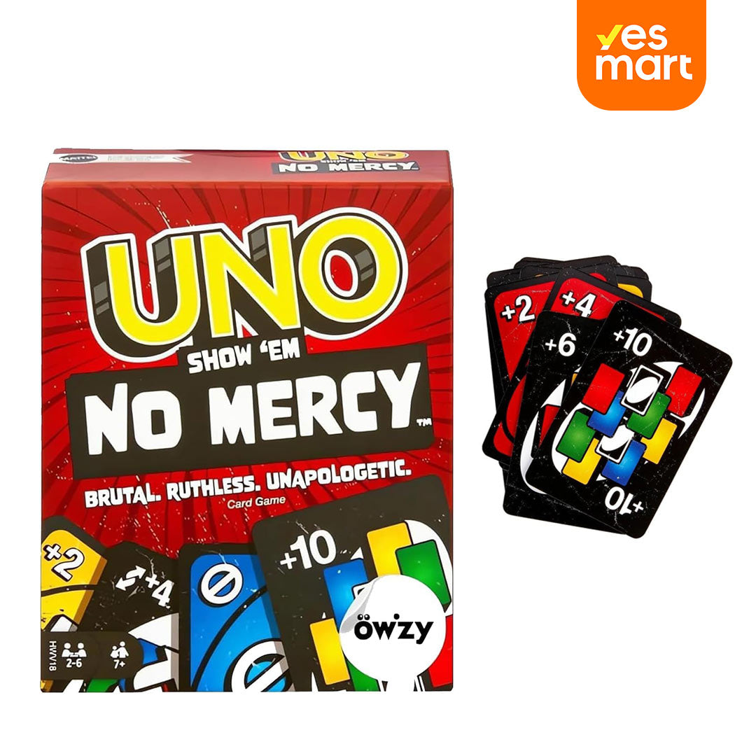 UNO Show 'em No Mercy – Edición Más Brutal del Clásico Juego de Cartas, Reglas Especiales y Cartas de Acción Extremas, Diversión para Niños y Adultos – JC001