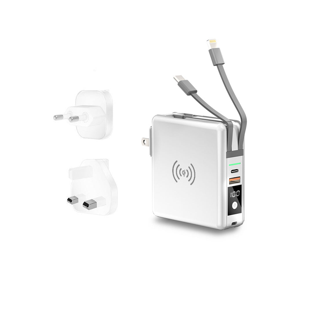 BP005 Banco de Energía 5 en 1 Internacional 10000mAh, Cargador Portátil Inalámbrico con Enchufe AC y Cable Integrado (Type-C y Lighting USB) - 4 Salidas y 2 Entradas