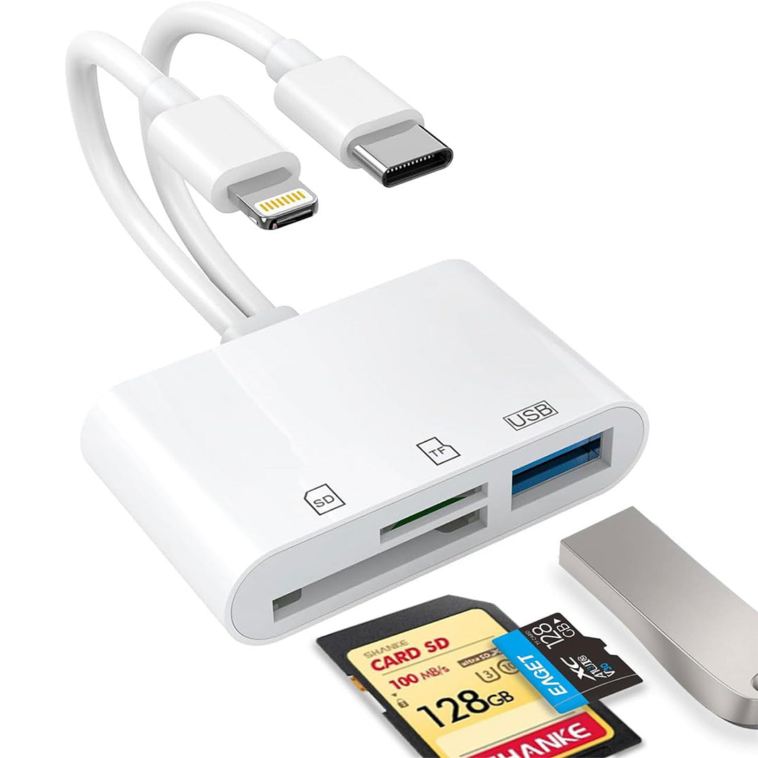 Adaptador de Tarjetas SD y USB 3.0 de 2 Puertos para iPhone, iPad, USB-C y Lightning - Lector de Memoria para SD, Micro SD, USB, Plug & Play - TM003