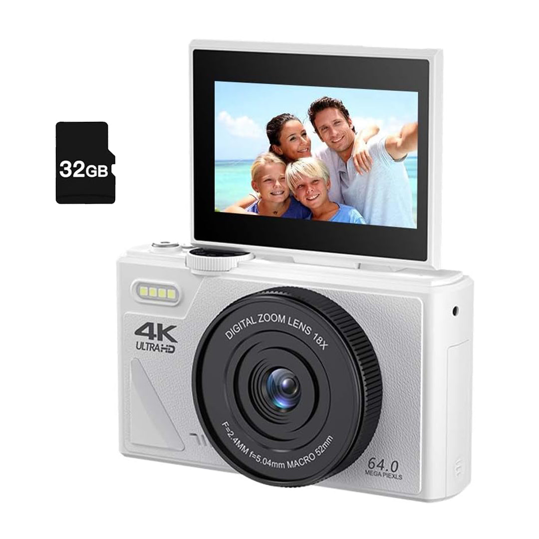 Cámara Digital 64MP 4K con Pantalla Flip de 3 Pulgadas, 18x Zoom, Ideal para Vlogs y Fotografía, Incluye Tarjeta TF de 32GB - CC009 - Yesmart