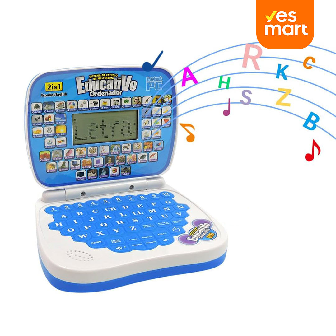 Laptop Educativa Bilingüe para Niños, Juguete Interactivo en Español e Inglés, Aprendizaje de Letras, Números, Palabras y Matemáticas, Computadora Infantil con Música y Luces JC013