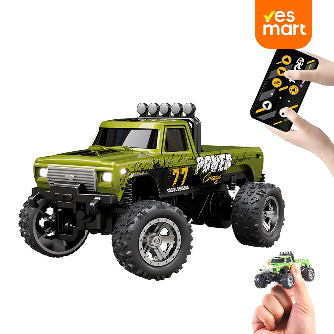 Mini Camión RC Monster Truck, Coche Teledirigido 1:64 con Luces, Control Remoto 2.4Ghz, Velocidad Ajustable, Carcasa de Aleación, Batería Recargable USB JC012