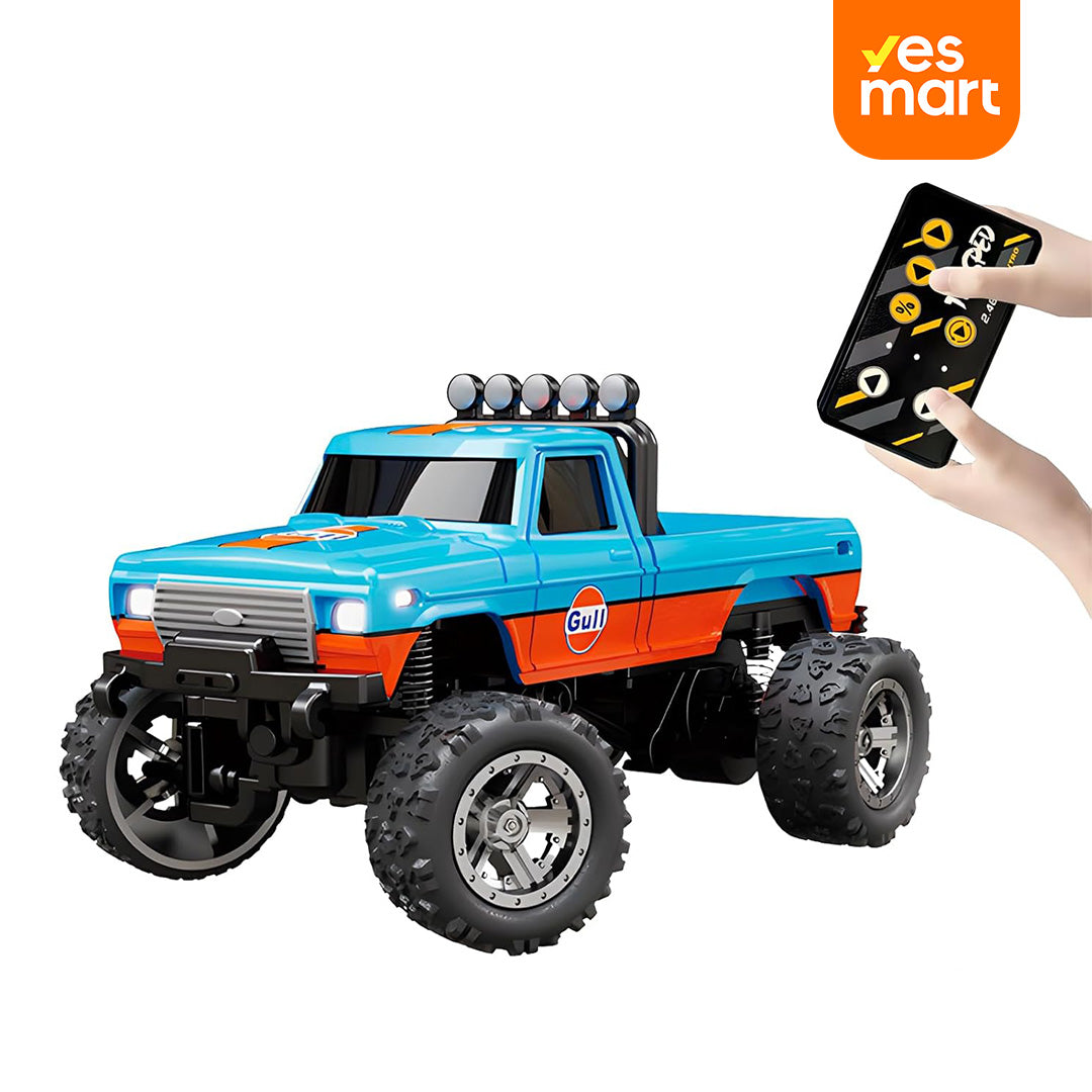 Mini Camión RC Monster Truck, Coche Teledirigido 1:64 con Luces, Control Remoto 2.4Ghz, Velocidad Ajustable, Carcasa de Aleación, Batería Recargable USB JC012