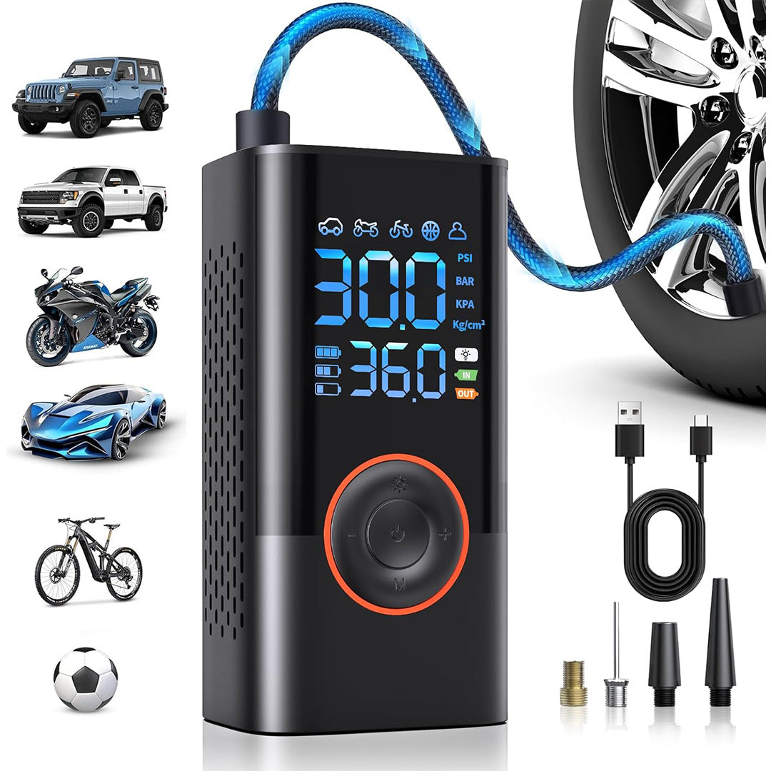 Compresor de Aire Portátil 150 PSI con Manómetro Digital, Inflador Rápido y Apagado Automático, 3X Más Rápido, para Neumáticos de Automóvil, Moto, Bicicleta y Pelotas - HE002