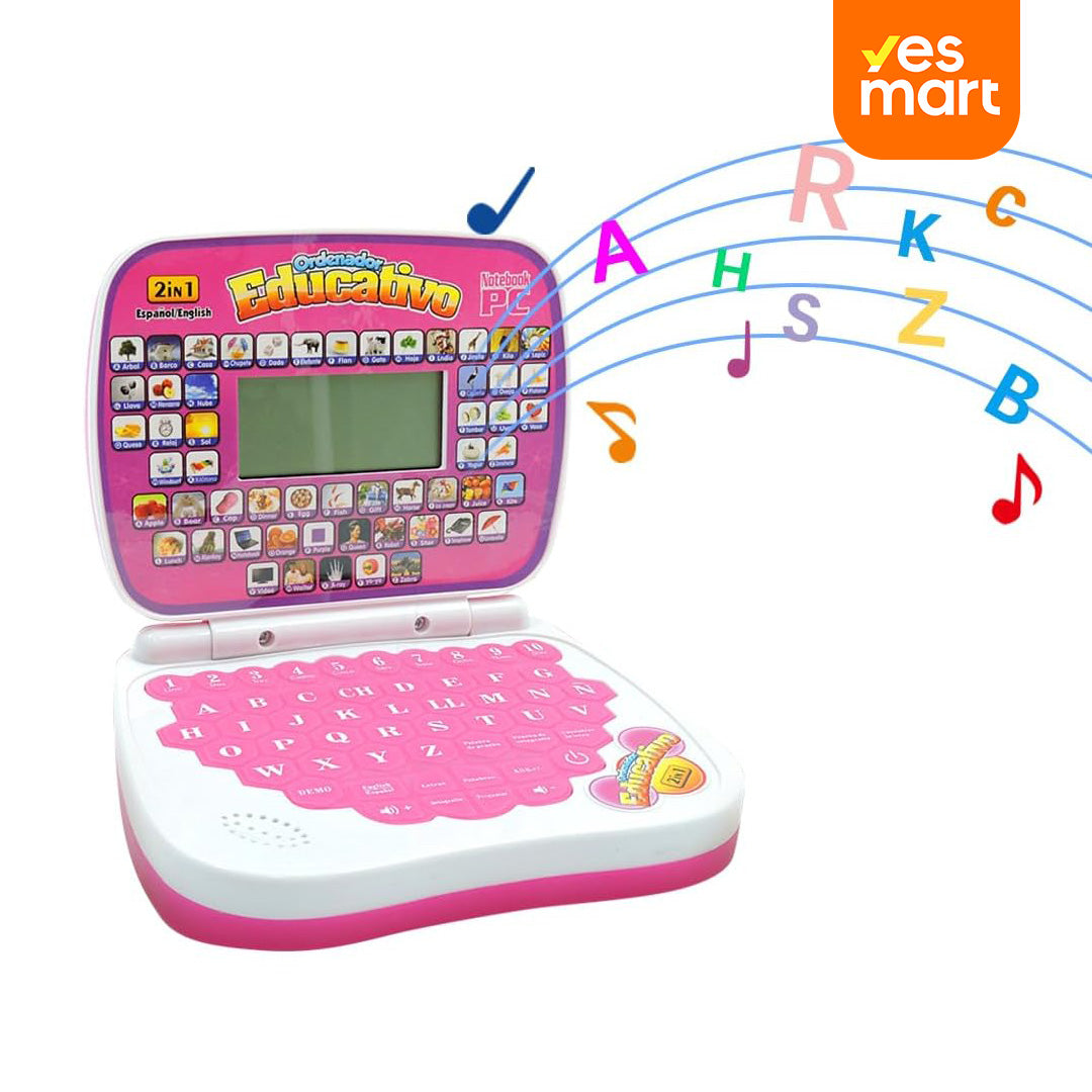 Laptop Educativa Bilingüe para Niños, Juguete Interactivo en Español e Inglés, Aprendizaje de Letras, Números, Palabras y Matemáticas, Computadora Infantil con Música y Luces JC013