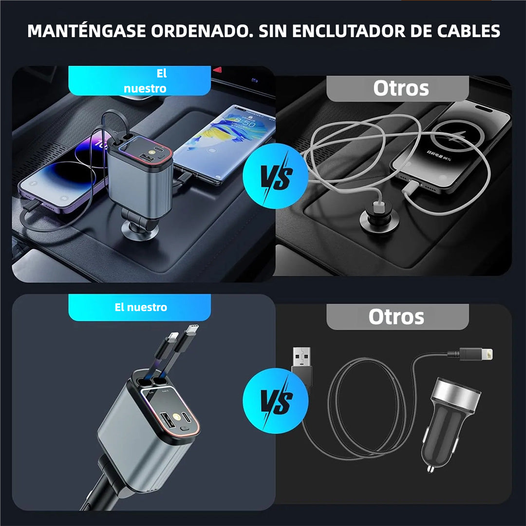 Cargador de Coche con Estrella, Cargador USB-C 66W para Automóvil, 4 en 1 con Cable Retráctil, 2 Puertos USB, Cargador para Teléfono de Coche - CI016