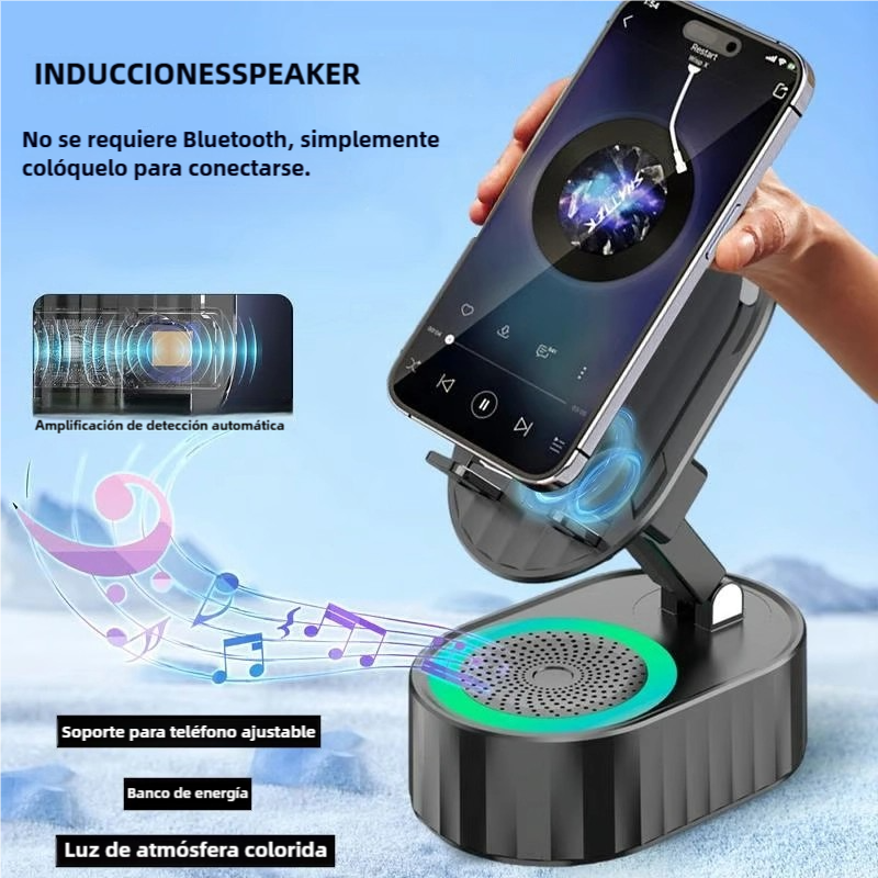 BS018 Upgraded Cell Phone Stand with Induction Speaker, Power Bank & Atmosphere Light – Adjustable, Foldable, and Compatible with Smartphones and Tablets