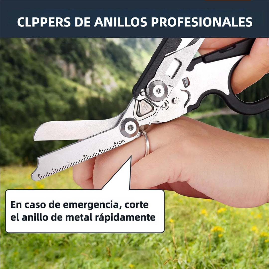 Tijeras de Emergencia 6 en 1 Plegables para Camping y Herramientas de Rescate con Cortador y Rompevidrios - Herramienta Multifuncional para Primeros Auxilios, Incluye Estuche de Piel - HM004