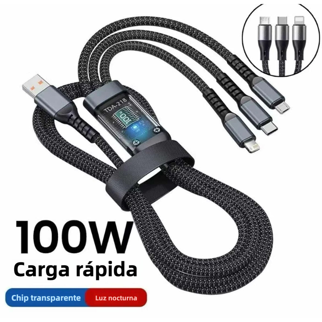 Cable de Carga Rápida 3 en 1 con Conectores Tipo-C, Micro USB y Conectores Universales, Cable Trenzado de Nylon, Carga Rápida de 100W CI010 - Yesmart