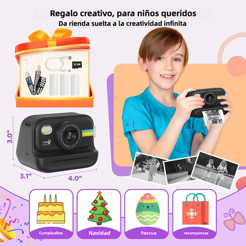 Cámara Instantánea para Niños 1080P, Regalos de Cumpleaños para Niños y Niñas de 3-12 Años, Cámara con Impresión Instantánea y Video - CC008 - Yesmart