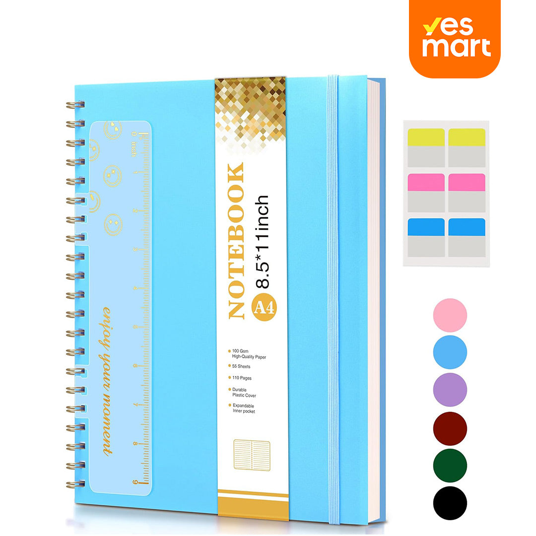 Cuaderno de Espiral A4 – 8.5” x 11”, Tapa Dura Plástica, 100 GSM, 110 Páginas, Regla Extraíble, Bolsillo Expandible, Ideal para Notas, Escuela, Trabajo y Oficina – JC006