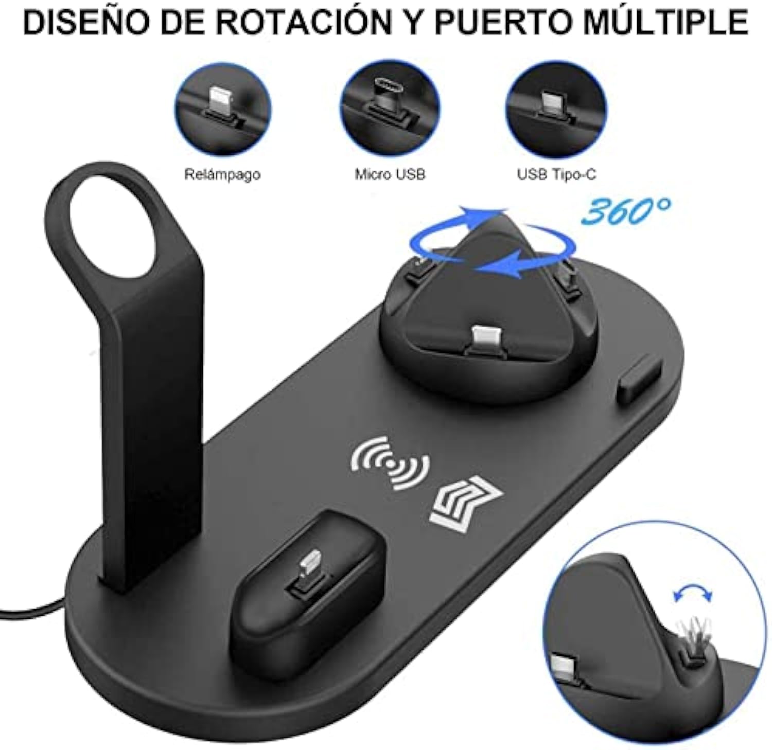 CI004 Cargador Inalámbrico 6 en 1 con QC3.0, Soporte para iPhone, AirPods, Samsung y Más