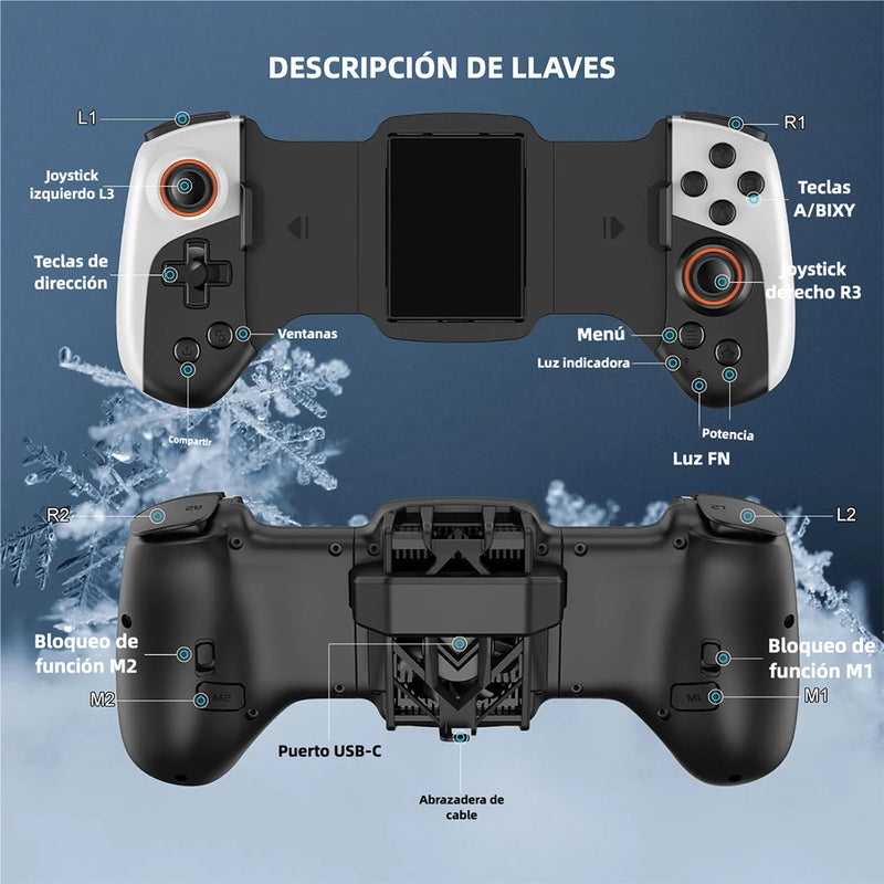 Controlador de Juegos para iPhone/Android con Soporte para Funda de Teléfono, Controlador Móvil con Enfriador para iPhone 16/15/14, Galaxy S24/S23/S22 - Ajuste Universal, Botones Personalizables, Turbo AJ005 - Yesmart