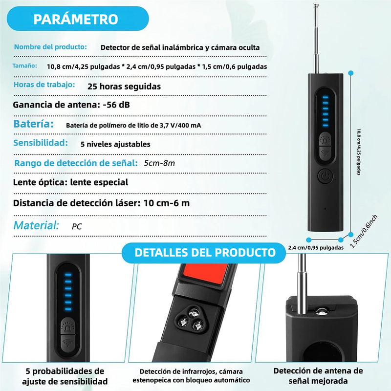 Detector de Cámara Oculta, Detector de Dispositivos de Escucha, Detector de GPS y Antiespionaje, Escáner Electrónico con Sensibilidad Ajustable, 30 Horas de Uso - CV004 - Yesmart