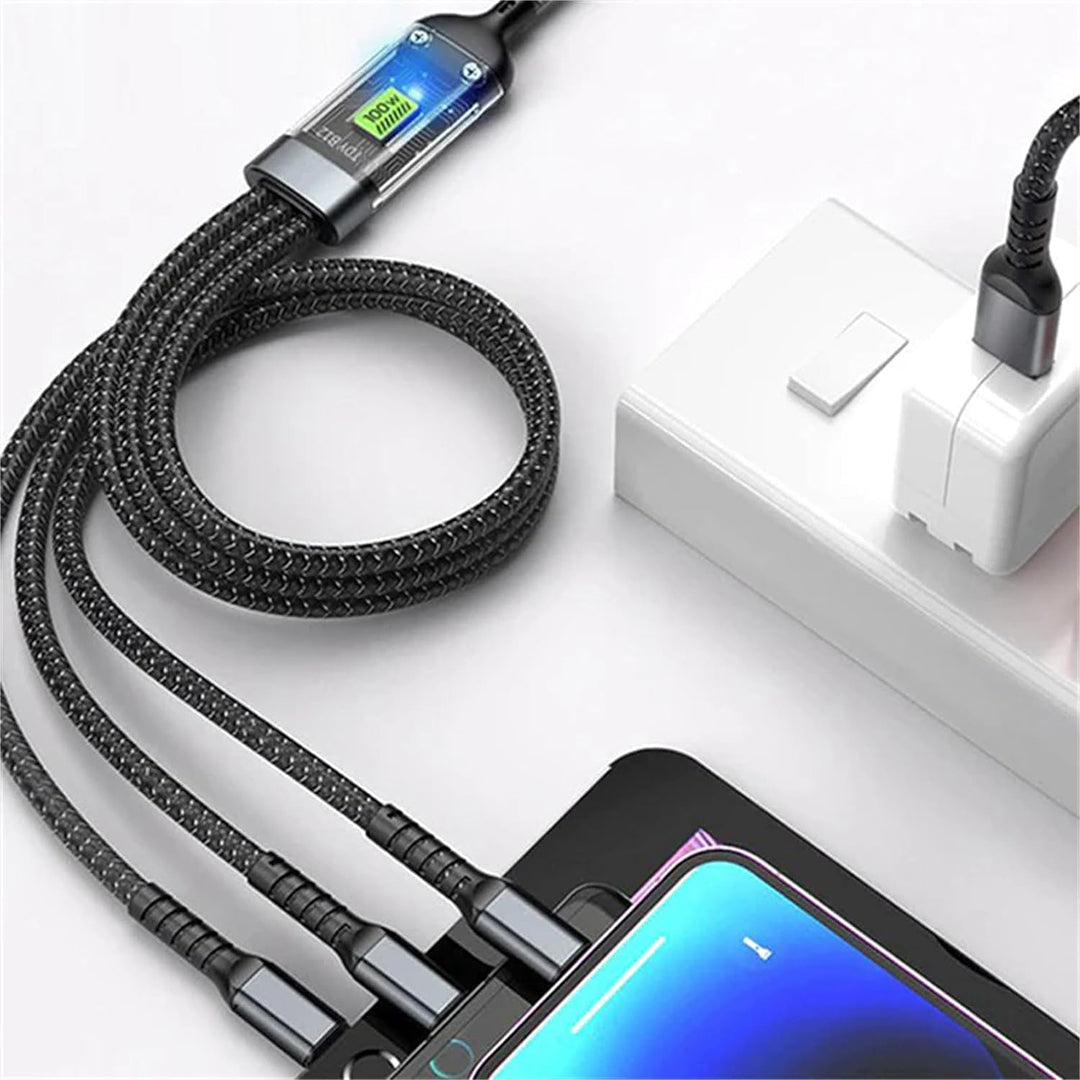 CI010 Cable de Carga Rápida 3 en 1 con Conectores Tipo-C, Micro USB y Conectores Universales, Cable Trenzado de Nylon, Carga Rápida de 100W