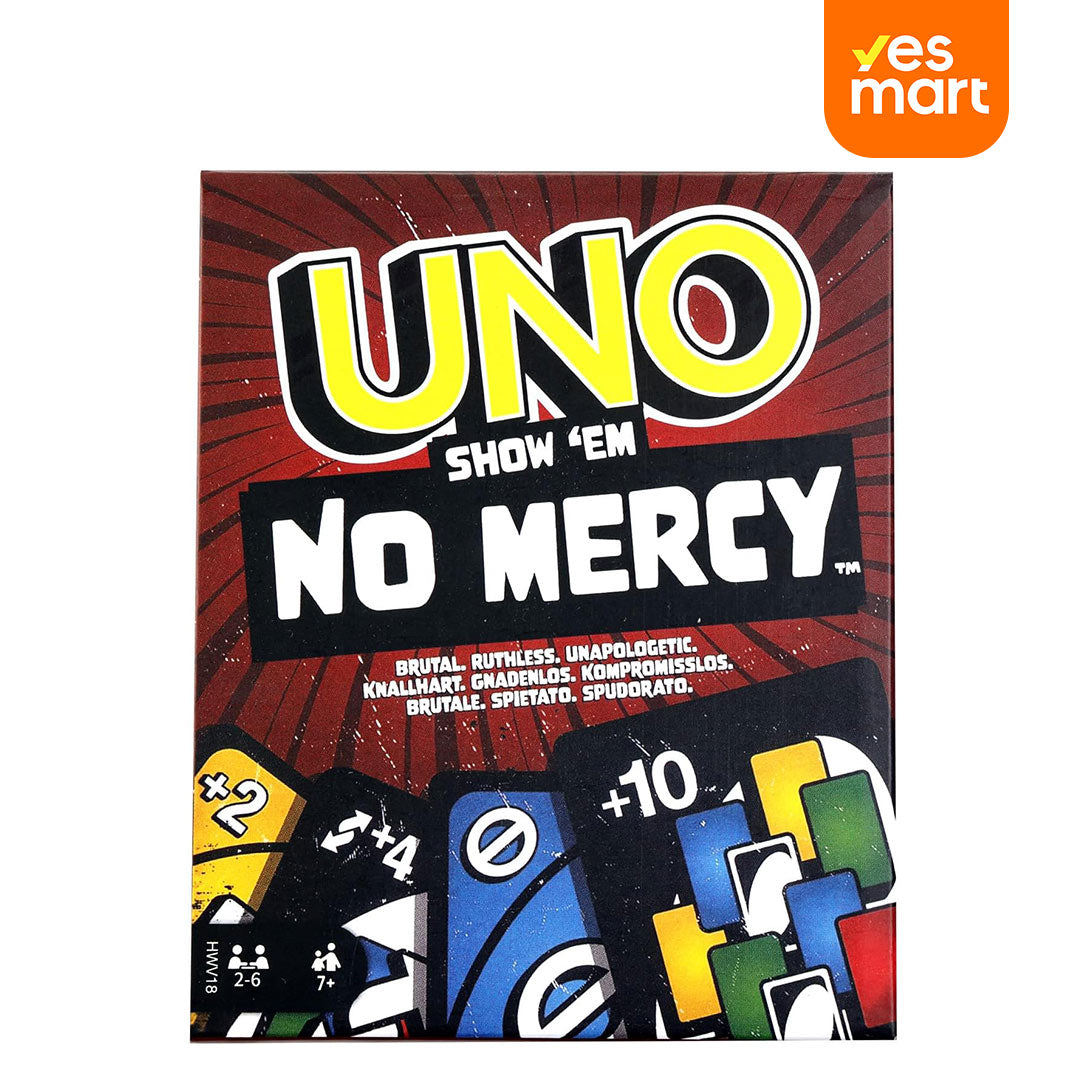 UNO Show 'em No Mercy – Edición Más Brutal del Clásico Juego de Cartas, Reglas Especiales y Cartas de Acción Extremas, Diversión para Niños y Adultos – JC001