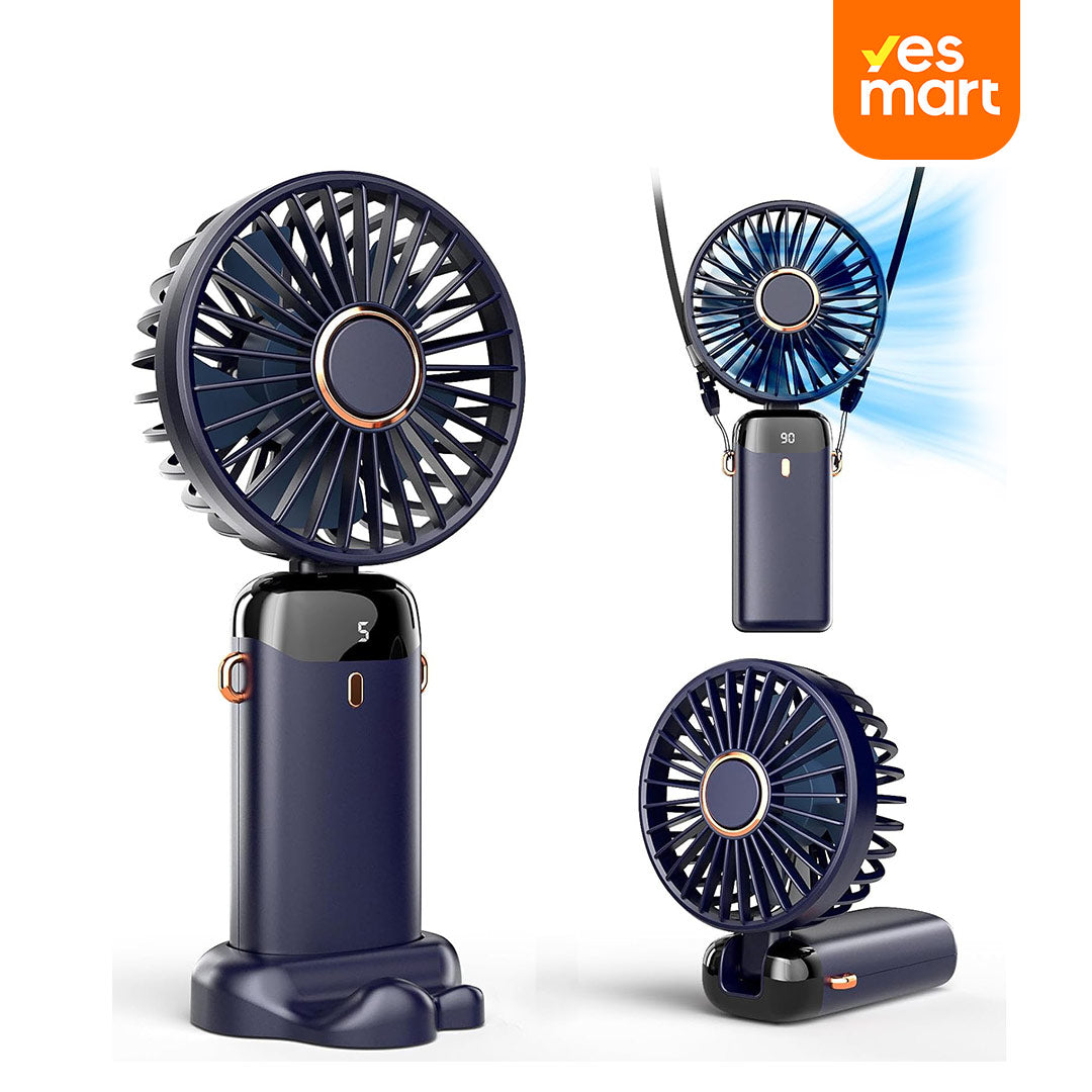 Ventilador Portátil de Mano con Base – Mini Ventilador Recargable con Pantalla Digital, 5 Velocidades, Cabezal Ajustable 90°, Hasta 8 Horas de Batería para Uso en Interior y Exterior - VM002