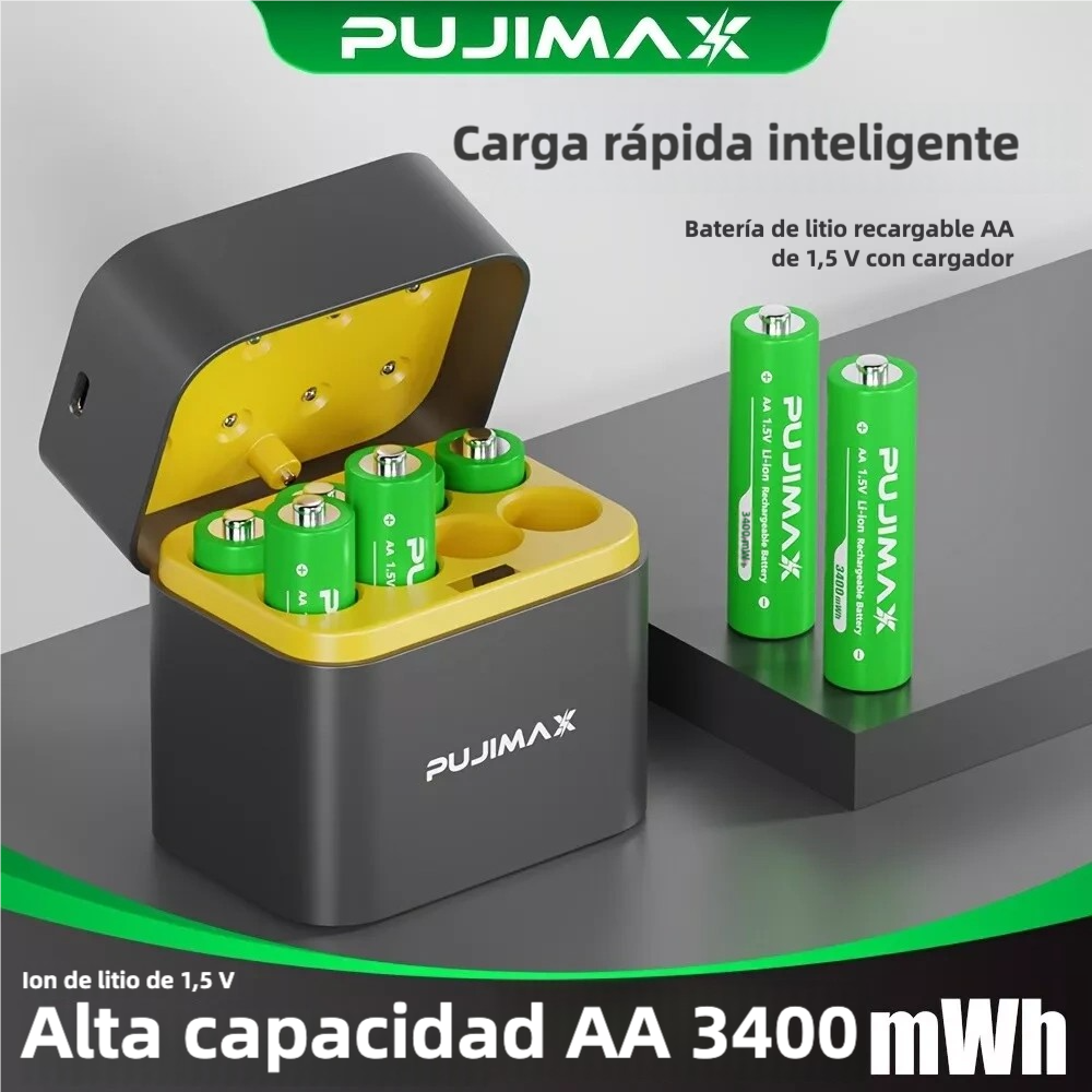 BT002 8 PACK Baterías Recargables AA 3400mWh 1.5V Li-ion + Caja de Carga Integrada PUJIMAX Cargador de Baterías Li-ion AA 1.5V